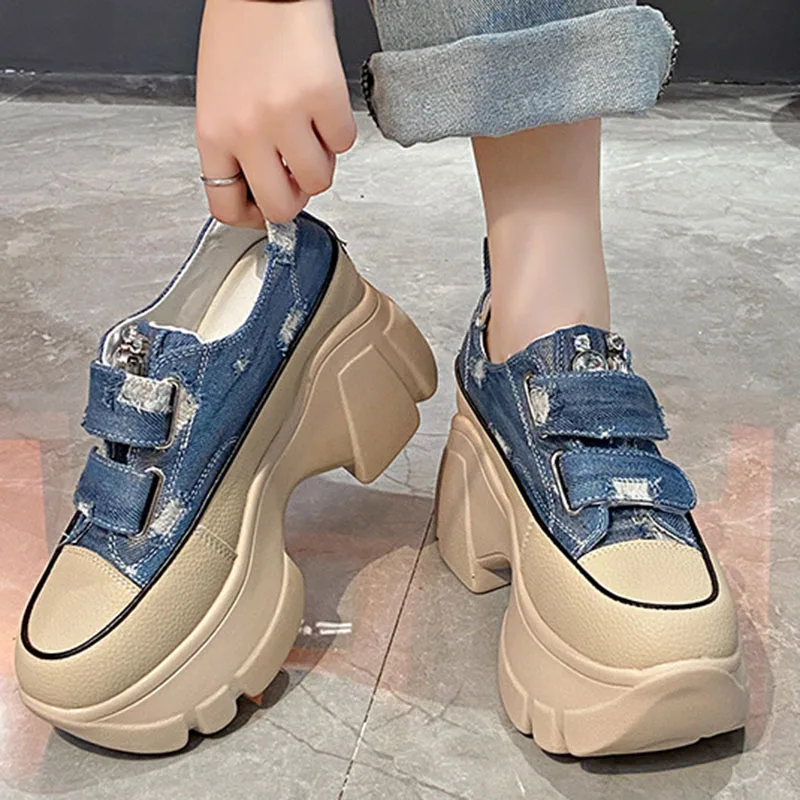 Fashion Denim High Heel Women\'s Sneakers Luxury Designer Rhinestone Square Buckle Platform Shoes Casual Canvas Vulcanized Shoes