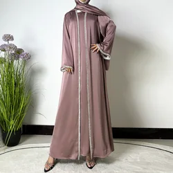 Eid Ramadan Kebaya Diamonds Satin Kimono 4 Piece Abaya Turkey Islam Dress Muslim Sets Abayas Women Robe Femme Musulmane Kaftan