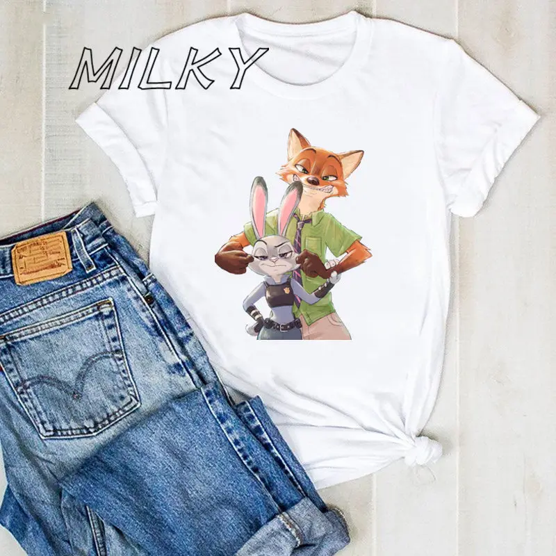 Vintage Zootopia T Shirts Nick and Judy Graphic T Shirt Women 2025 Round Neck Women's Clothing Cartoon Animal Patterned T-shirt