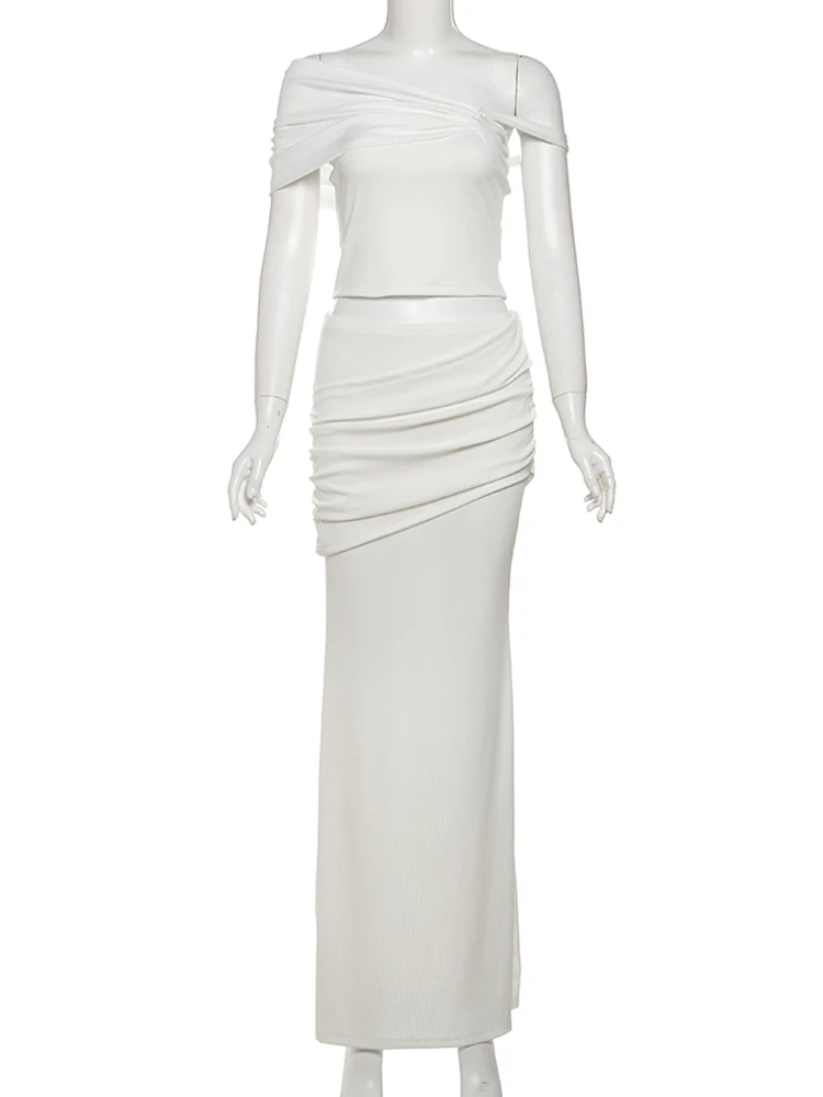 Kliou 非対称エレガントな 2 点セット女性固体シンプルな傾斜ショルダースリム Tシャツ + プリーツマキシスカート女性のハイストリートスーツ