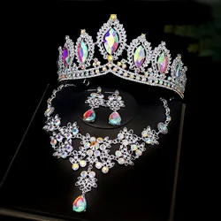 KMVEXO Luxury Silver Color AB Crystal Bridal Jewelry Sets Rhinestone Tiaras Crown Necklace Earrings Set Wedding Dubai Jewelry