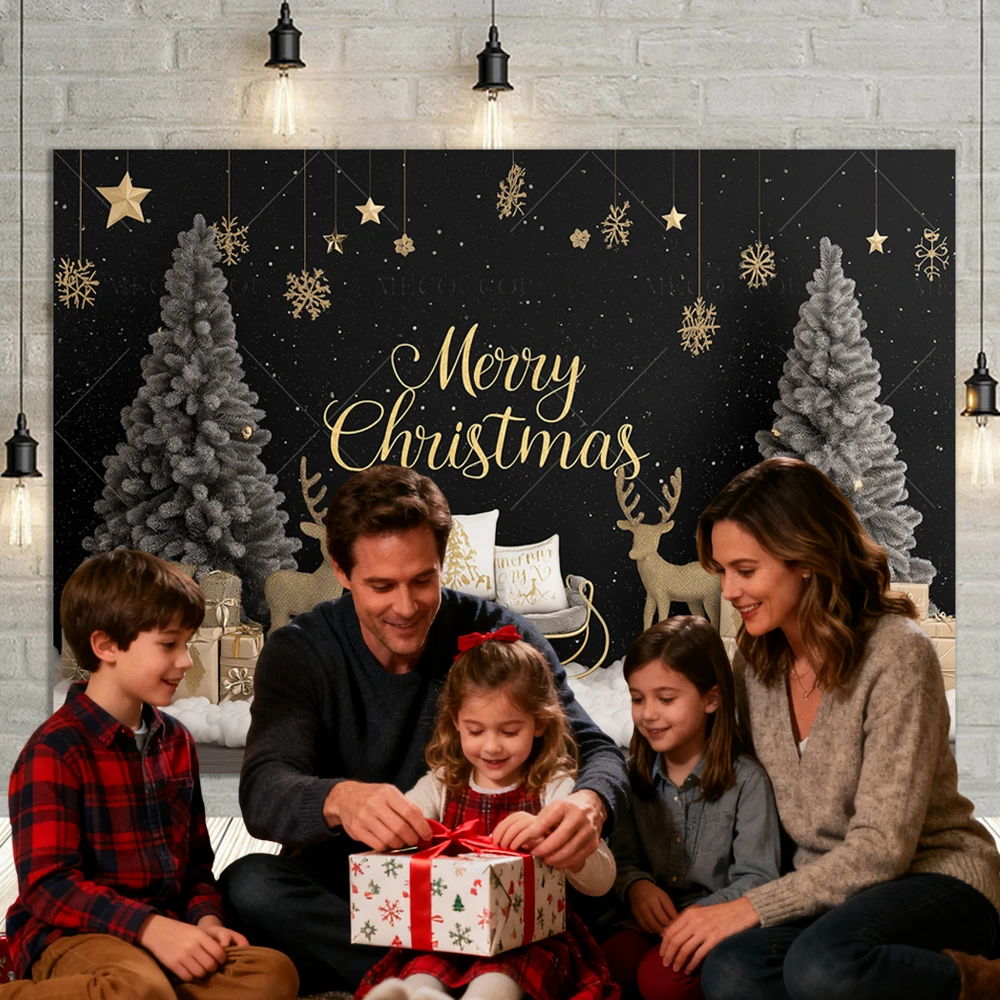 

Рождественская елка по индивидуальному заказу с подарочной коробкой и фоном с оленями для семейной фотобудки, рождественской вечеринки, украшение для дома, фоновый баннер