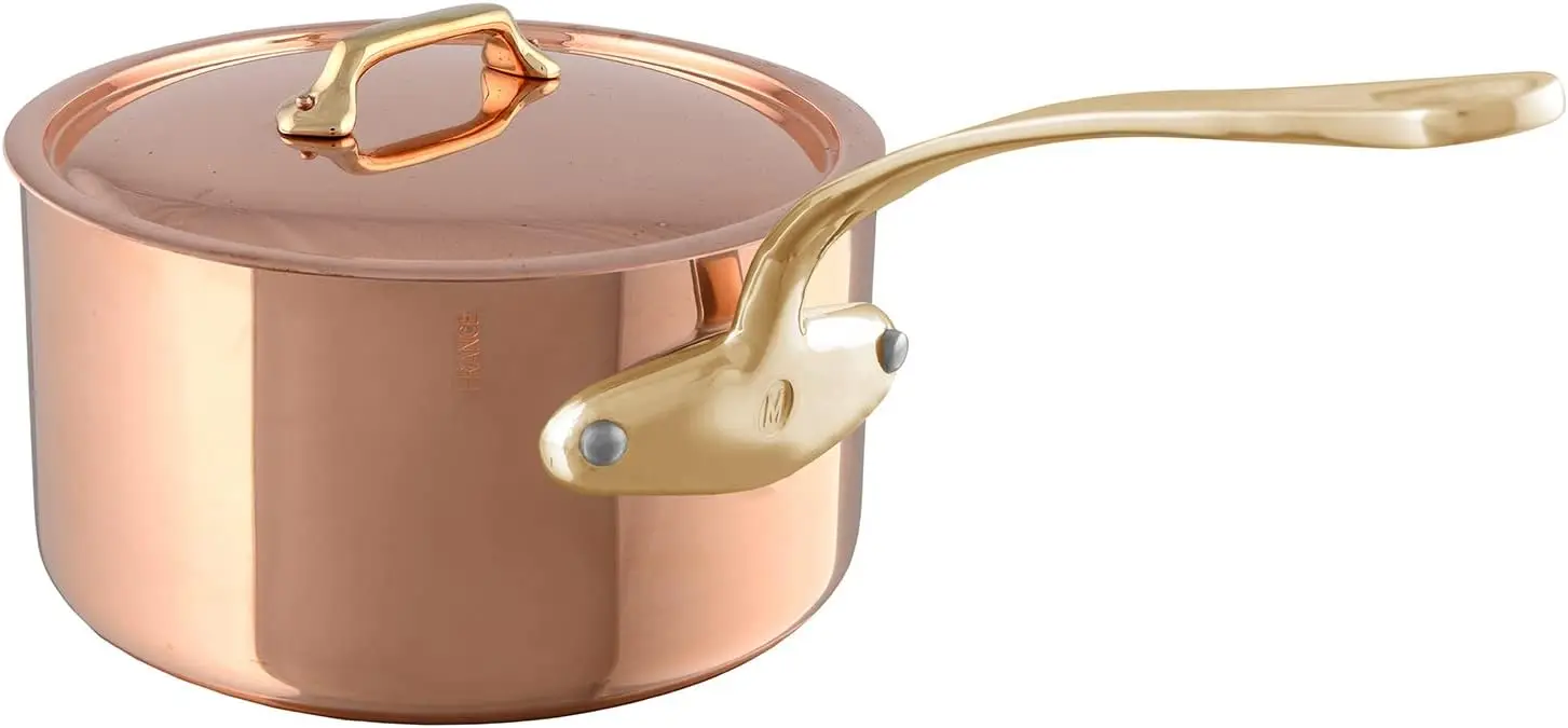 

200 B 2mm Polished Copper & Stainless Steel Sauce Pan With Lid, With Brass Handles, 3.4-qt, Made in France