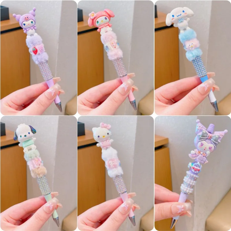 Sanrios Cute Plush Bead String Pen Hello Kittys Kuromi My Melody Diy Pen Pochacco Cinnamoroll Cartoon Stationery Birthday Gifts