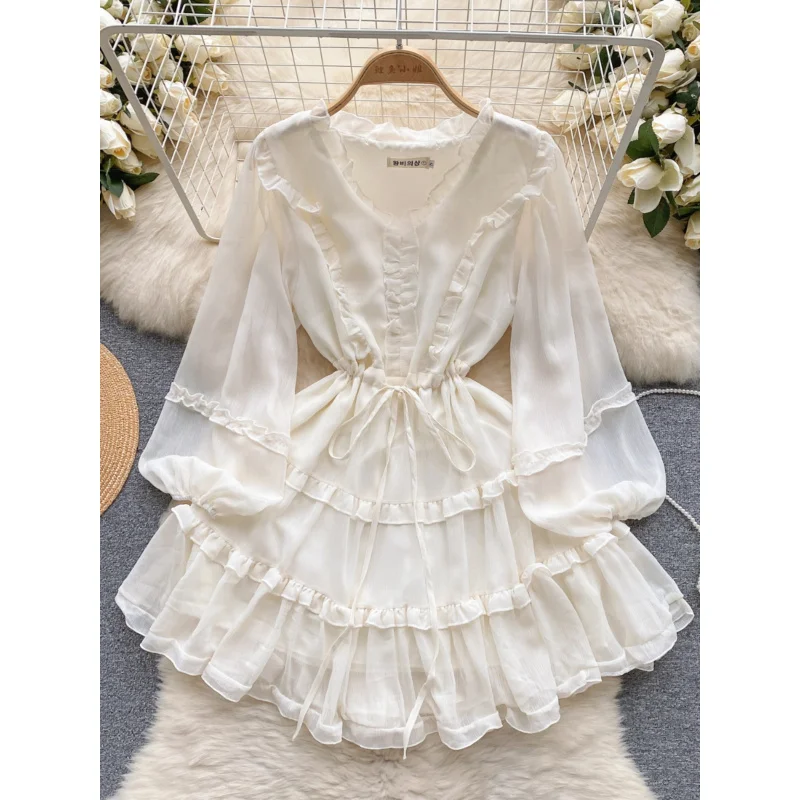

French Style Gentle Sweet Ruffled EdgeVTie Waist Slimming Youthful Puff Sleeve Dress for Women Spring New