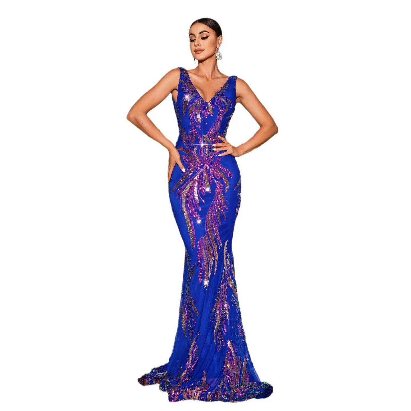 Lungo V-Ne Svel Fi Tail Evening Dr Sexy scintillante Prom Dr Maid of Dr Gonna avvolgente a vita alta da donna