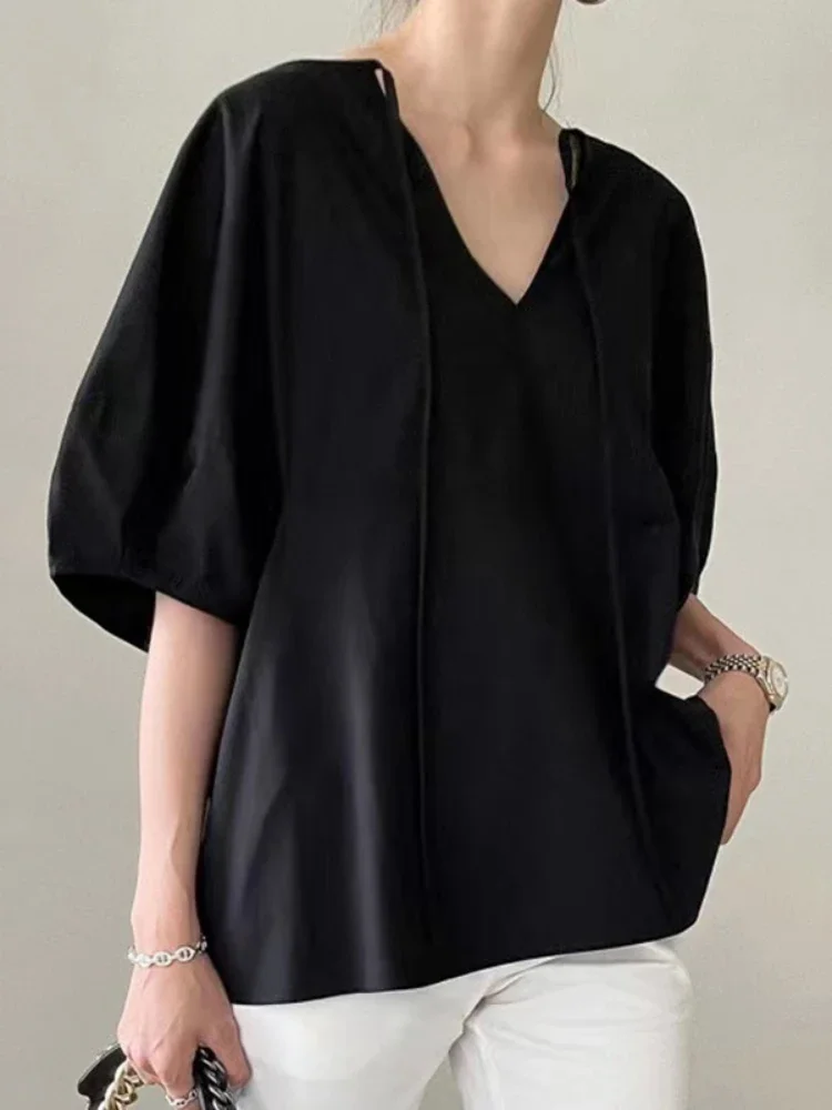 O-neck Lace-up Front and Back Wear Elegant Blouse Fashion Women Clothing Loose Lantern Sleeve Shirts Summer Casual Simple Blusas