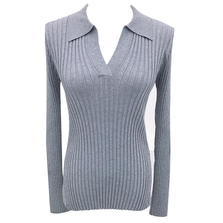 6214 Spring New Pure Desire Sexy Turn-Down Collar Split Ribbed Slim Fit V-Neck Knitted Sweater
