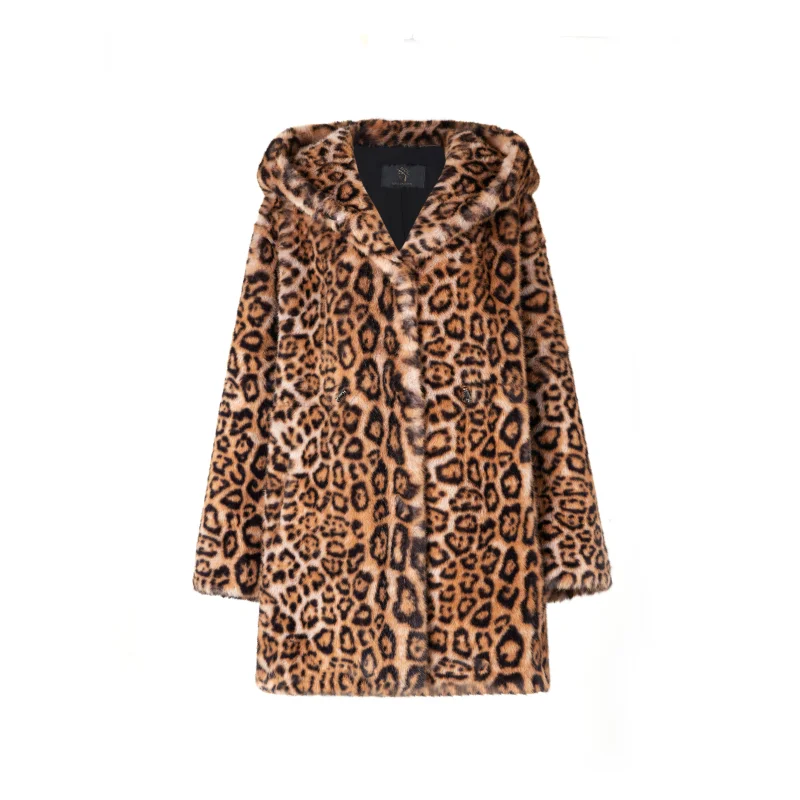 Leopard Fur Coats for Women Faux, Jacket with Hood Oversize Winter Spring Fashion Outerwear