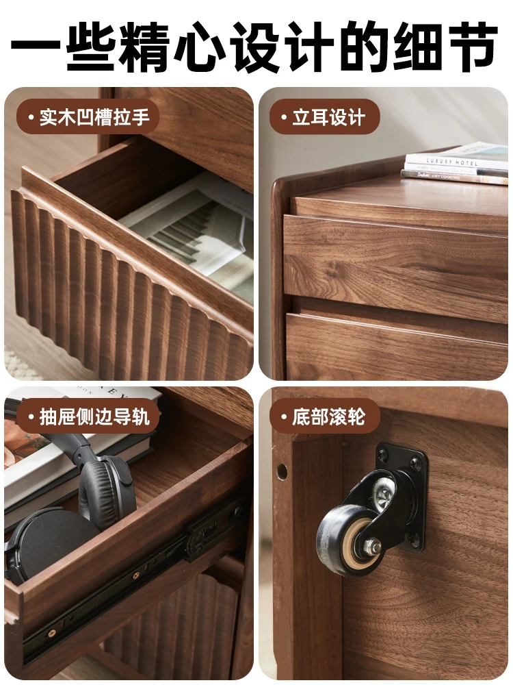 طاولة بجانب السرير من خشب الجوز الأسود، وخزانة ضيقة من الخشب الصلب، وخزانة جانبية حديثة وبسيطة وقابلة للإزالة