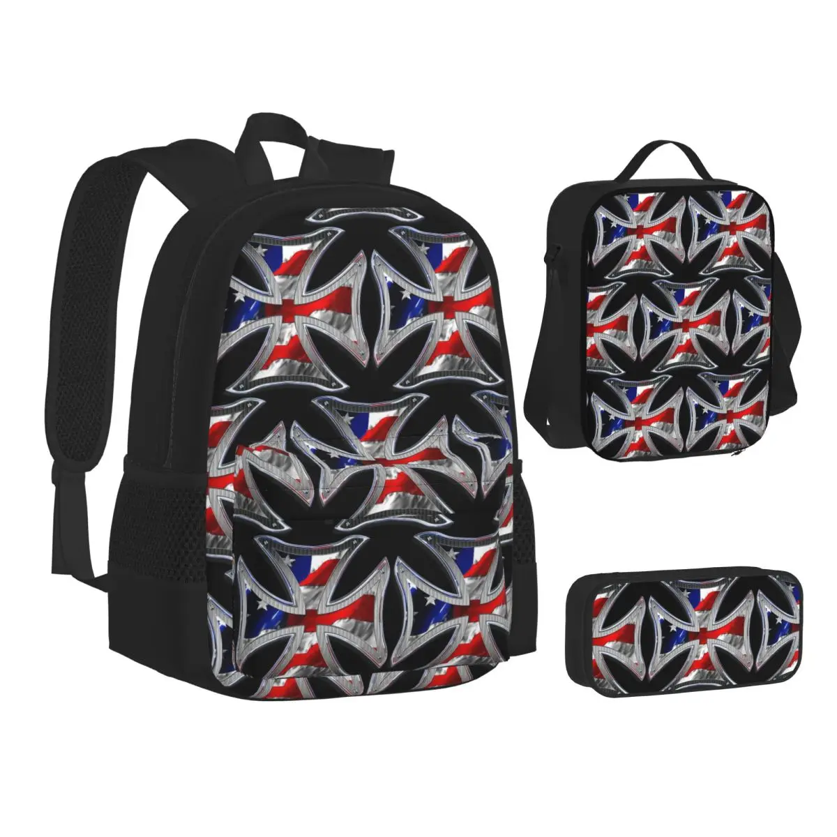 

West Coast Iron Cross Choppers Backpacks Boys Girls Bookbag School Bags Children Rucksack Lunch Bag Pen Bag Three-Piece Set