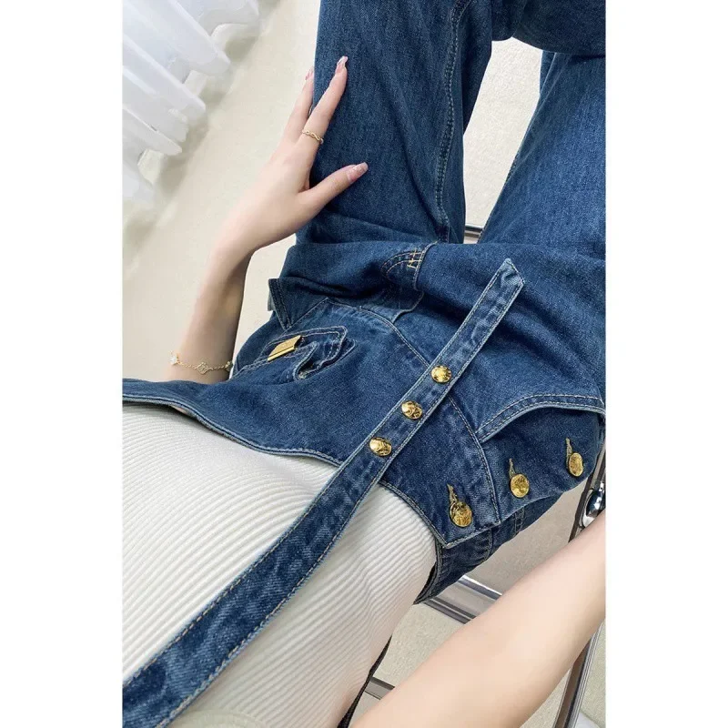 Small Waist Bag Denim Suspender Pants for Women Summer 2024 New Sle All-Match Wide-Leg Mop Pants with Metal