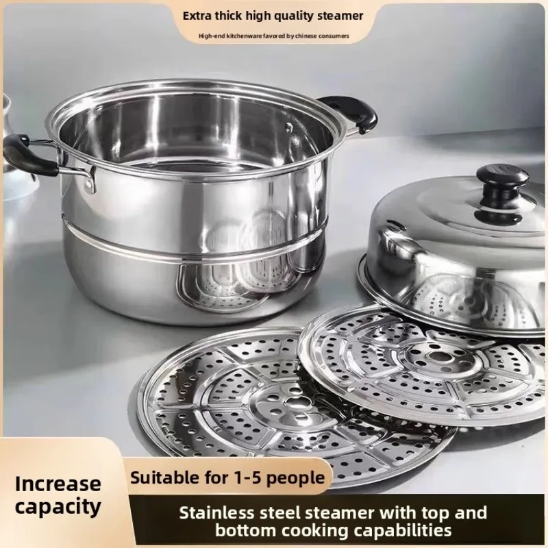 New Thickened Stainless Steel Double Layer Triple Tier Steamer Pot Extra Large Stockpot Buns Fish Household Steamer Pot