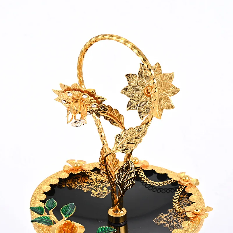 Manufacturer cross-border European retro light luxury wrought iron glass electroplated gold round glass three-layer fruit plate
