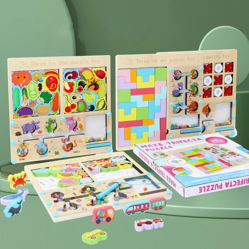 

3 In 1 Fun Maze Puzzles Color Cognitive Sorting Mathematical Calculation Intelligence Puzzle Animal Traffic Jigsaw Board Gifts