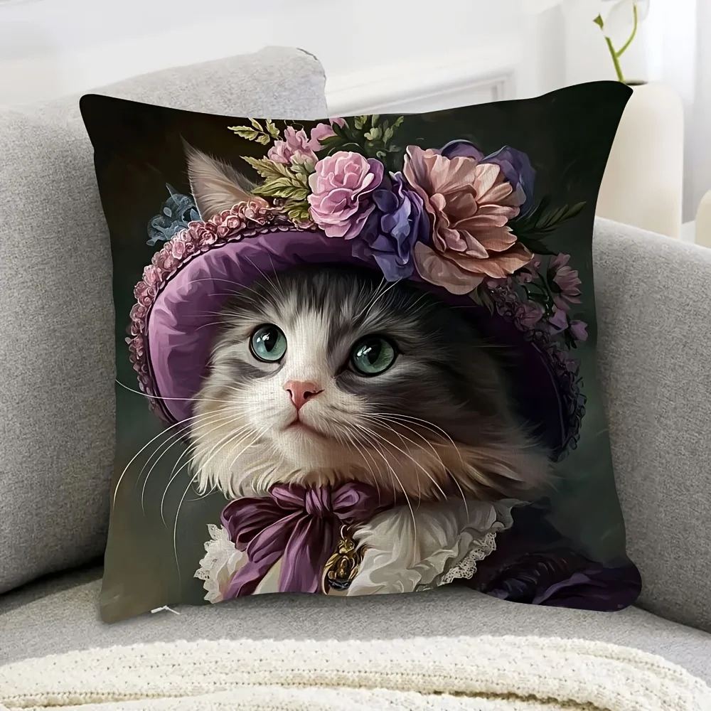 2D flat- Vintage Victorian Floral Cat Throw Pillow Cover Elegant Noble Kitten Cushion Case for Home Sofa Bedroom Decor