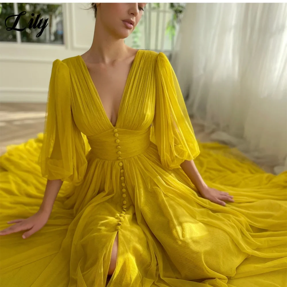 Lily Yellow Deep V-neck Prom Dress for Woman Tulle Three Quarter Sleeves Beach Wedding Dresses High Split Backless Prom Gown