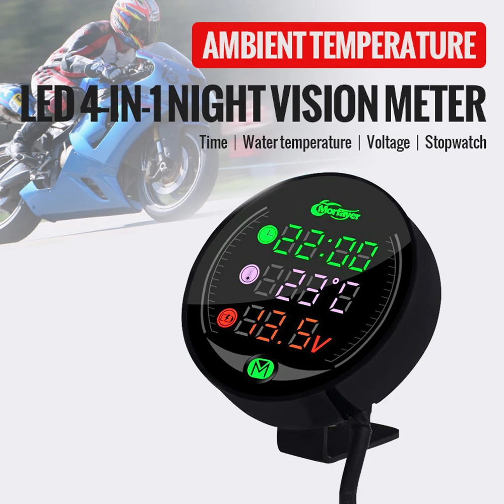 LED Digital Motorcycle Voltmeter Thermometer Voltage Temperature Time Multifunction 4-in-1 Vehicle Visual Code Meter DC 9-24V