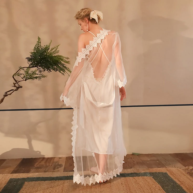 

Summer Pajamas Suspender Nightgown Two-piece Set Mesh Lace Splicing Loungewear Robe Women's Sleepwear White Sexy Lingеrie