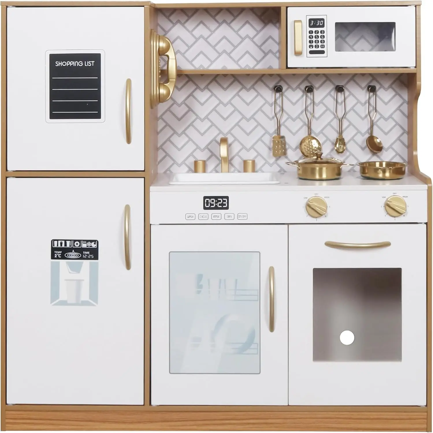 Wooden Play Kitchen Toy Set with Light, Kids Children Pretend Toy Kitchen Playset, Sink Play Toy Oven with Microwave,Toddler Coo