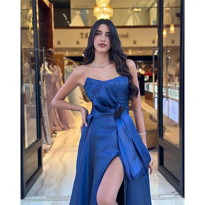 Elegant Navy Blue Prom Dresses A Line Strapless Evening Dress Bow Knot Waist Pleats Split Formal Special Occasion Party Dress