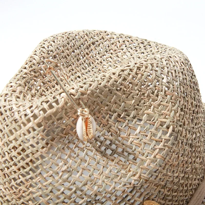 المبيعات الساخنة الجديدة الأوروبية والأمريكية نمط دبوس تصميم القش قبعة الإناث الجوف رسالة قبعة الشمس موضة سلسلة معدنية ظلة قبعة