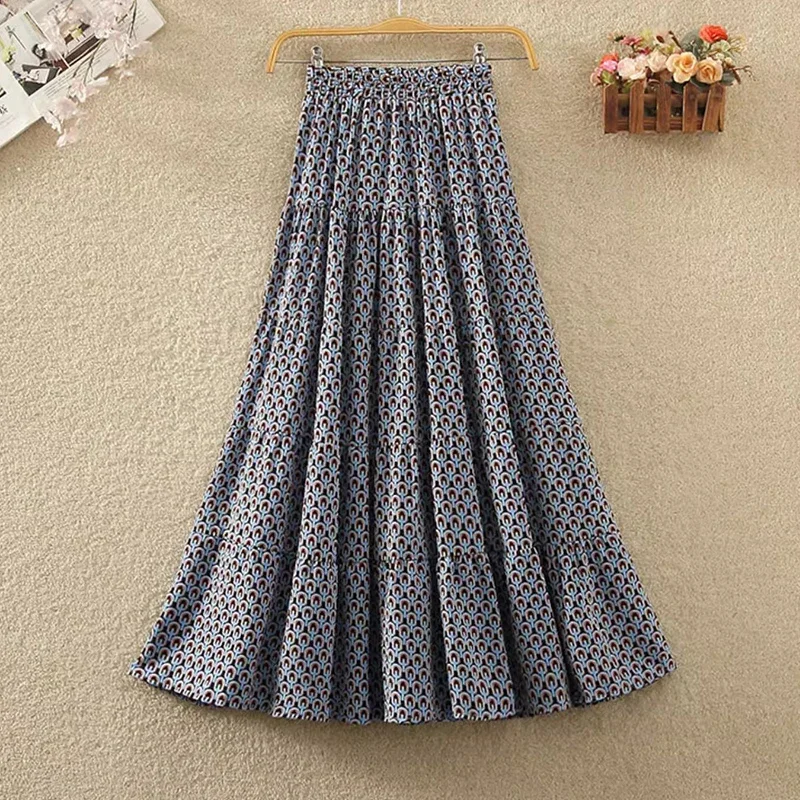 Aesthetic Green Chiffon Print Long Skirt Women 2024 Summer Korean Casual Patchwork A Line High Waist Maxi Skirt Female Z393