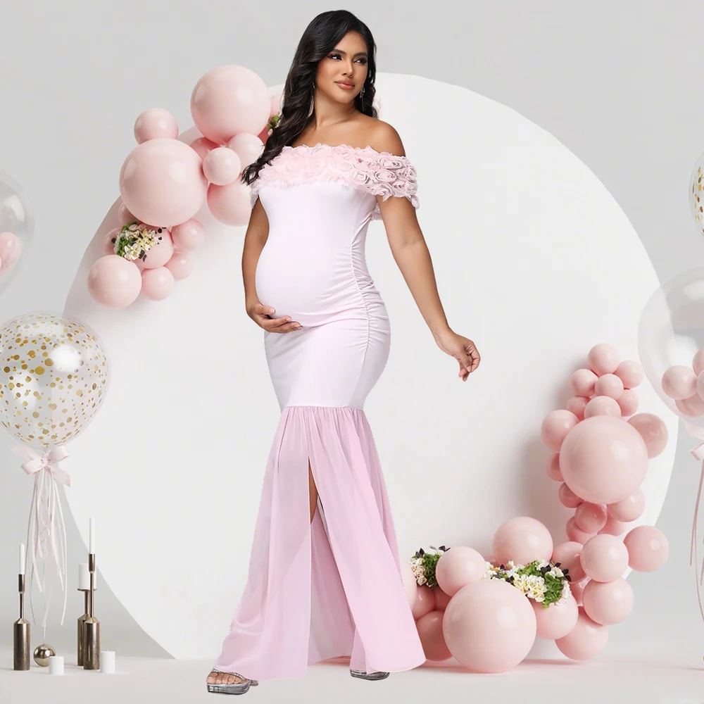

Maternity Floral off Shoulder Long Dress Chiffon Split Hem Photography Props Gown for Baby Shower