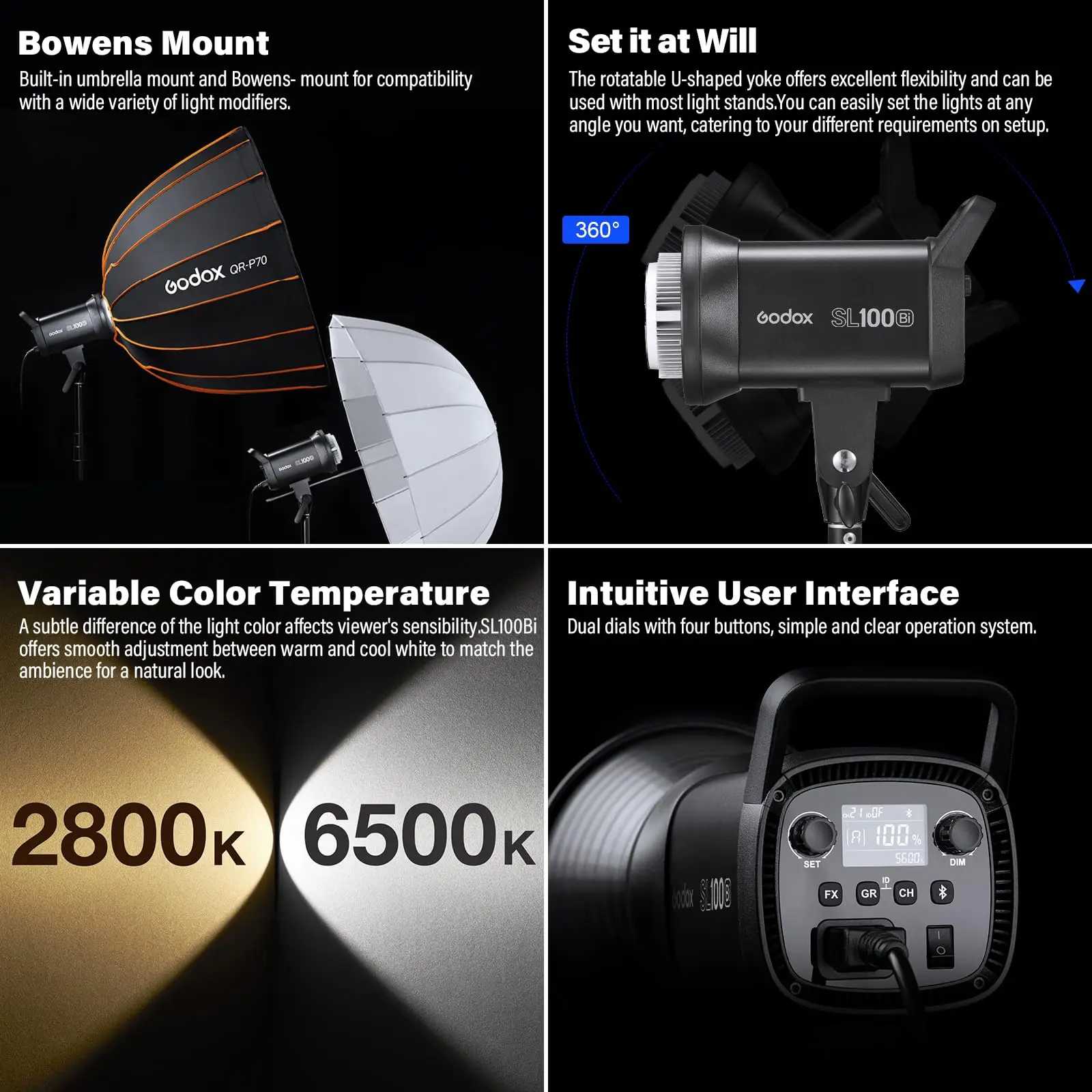 Godox SL100Bi LED Video Light Bi-Color 2800K-6500K Adjustable 100W Continuous Lighting System FX Effects for Live Interview