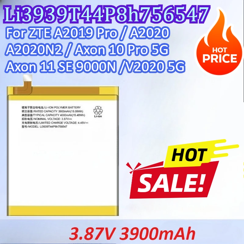 

Li3939T44P8h756547 3.87V 3900mAh Mobile Phone Battery For ZTE A2019 Pro A2020 A2020N2 Axon 10 Pro 5G Axon 11 SE 9000N V2020 5G