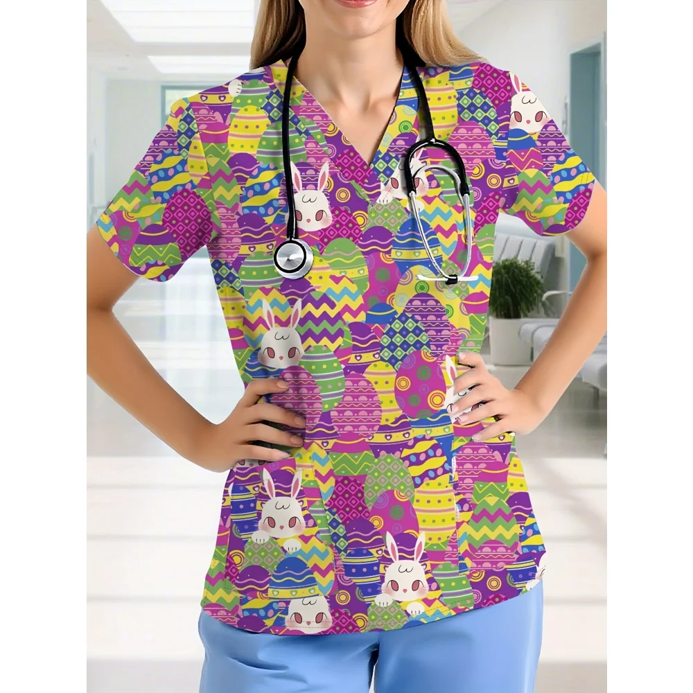 イースター女性用ソフトで通気性のあるVネックスクラブトップ、バニー柄半袖、看護師ファッション、快適な獣医臨床ユニフォーム女性用