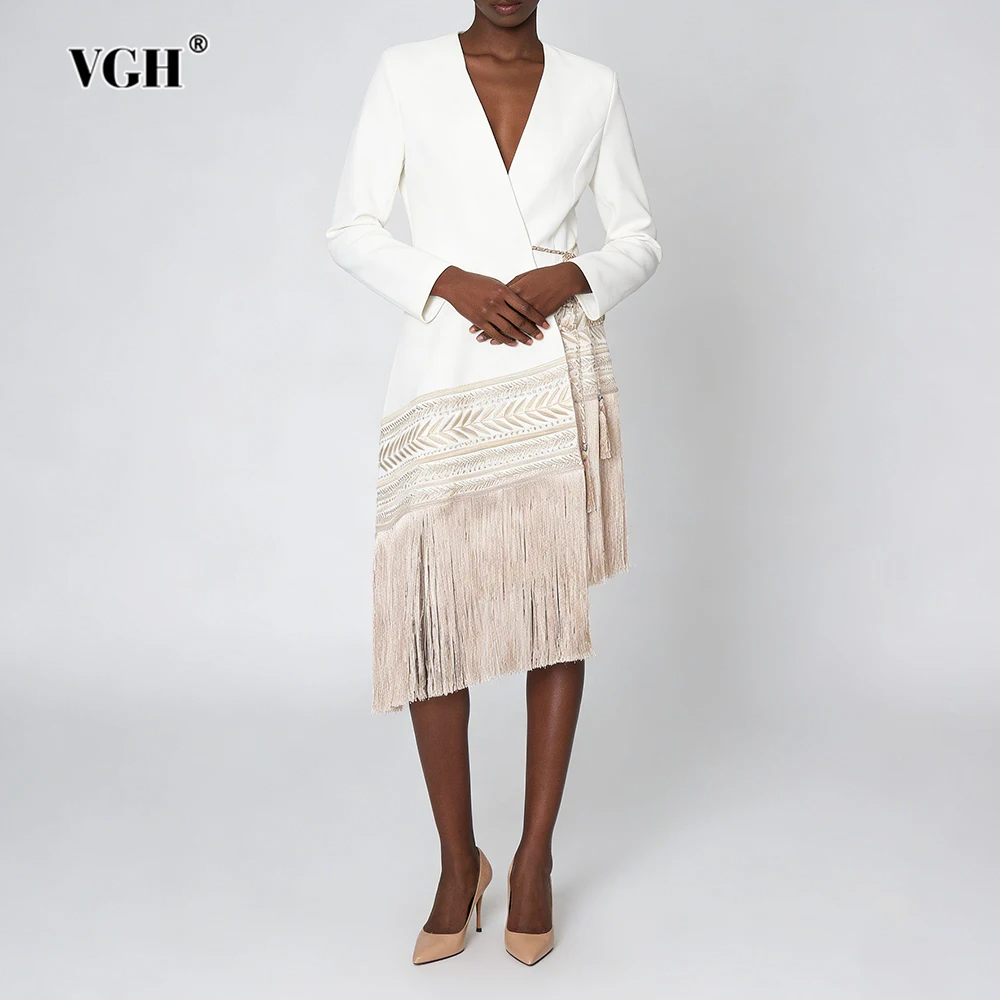 

VGH Elegant Embroidery Spliced Tassel Blazers For Women V Neck Long Sleeve Spring Temperament Slimming Blazer Female Fashion New