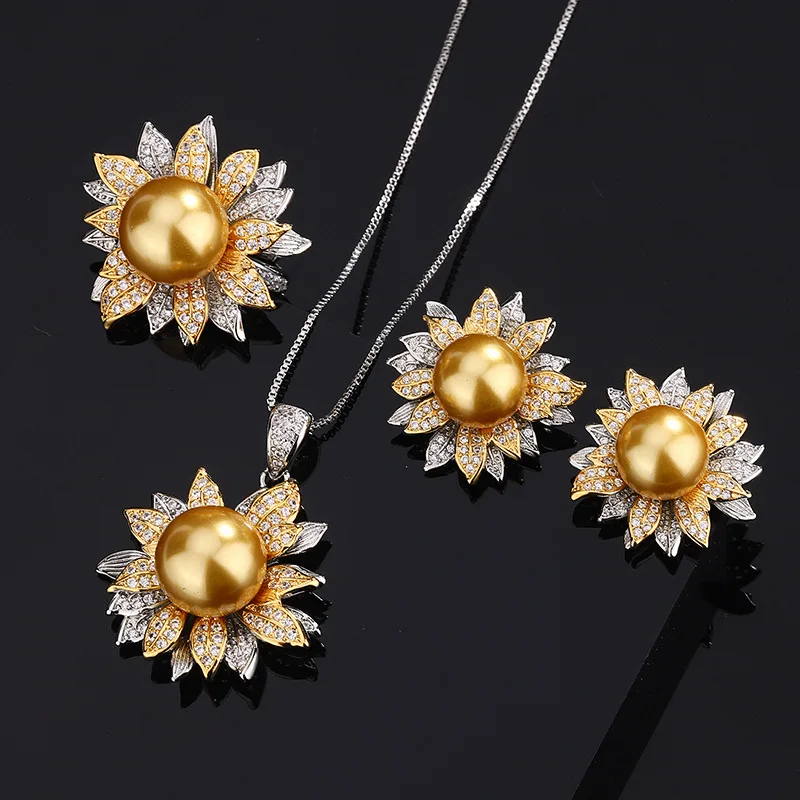 Charm Elegant Sunflower Golden Pearl Jewelry Adjustable Ring Earrings Necklace Sparkling Macrame Glamorous Women's Accessories