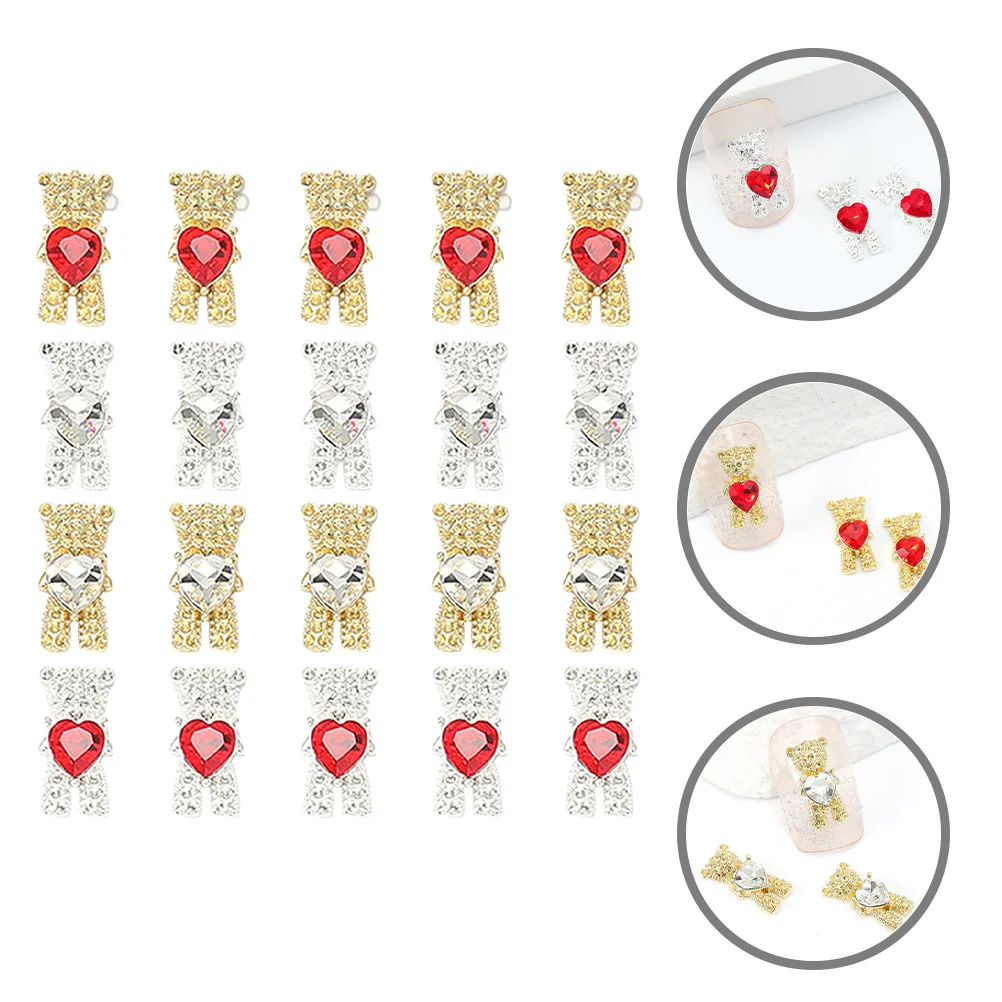 20 Stück glänzende Bären-Nageldekoration, 3D-Metall-Strasssteine für kreatives DIY-Maniküre-Design, modisches Nagelkunst-Zubehör