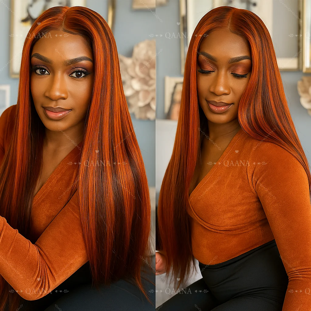オンブレジンジャーオレンジカラー200%人毛ボーンストレートレースフロントウィッグプレプラッキング済みジンジャーブラウンハイライトウィッグ5x5グルーレスウィッグ