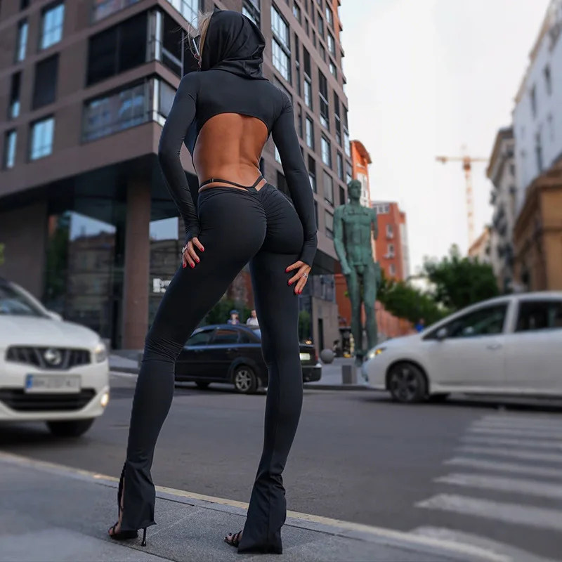 

DSMTRC Woman Backless Fitness Waistless Stretch Sexy Hooded Black Jumpsuits Skinny Midnight Activity Workout Streetwear Playsuit