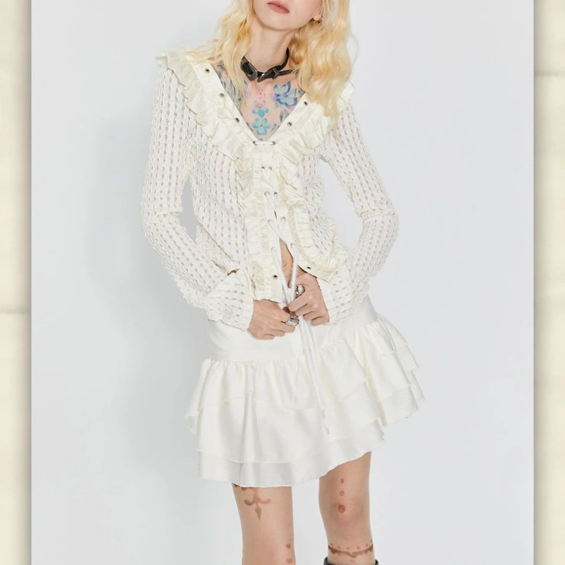 미국 빈티지 Y2K 핫 티셔츠 홀로우 아웃 캐주얼 긴팔 브이넥 레이스 드로스트링 슬림 단색 2000년대 여성 블라우스 가을