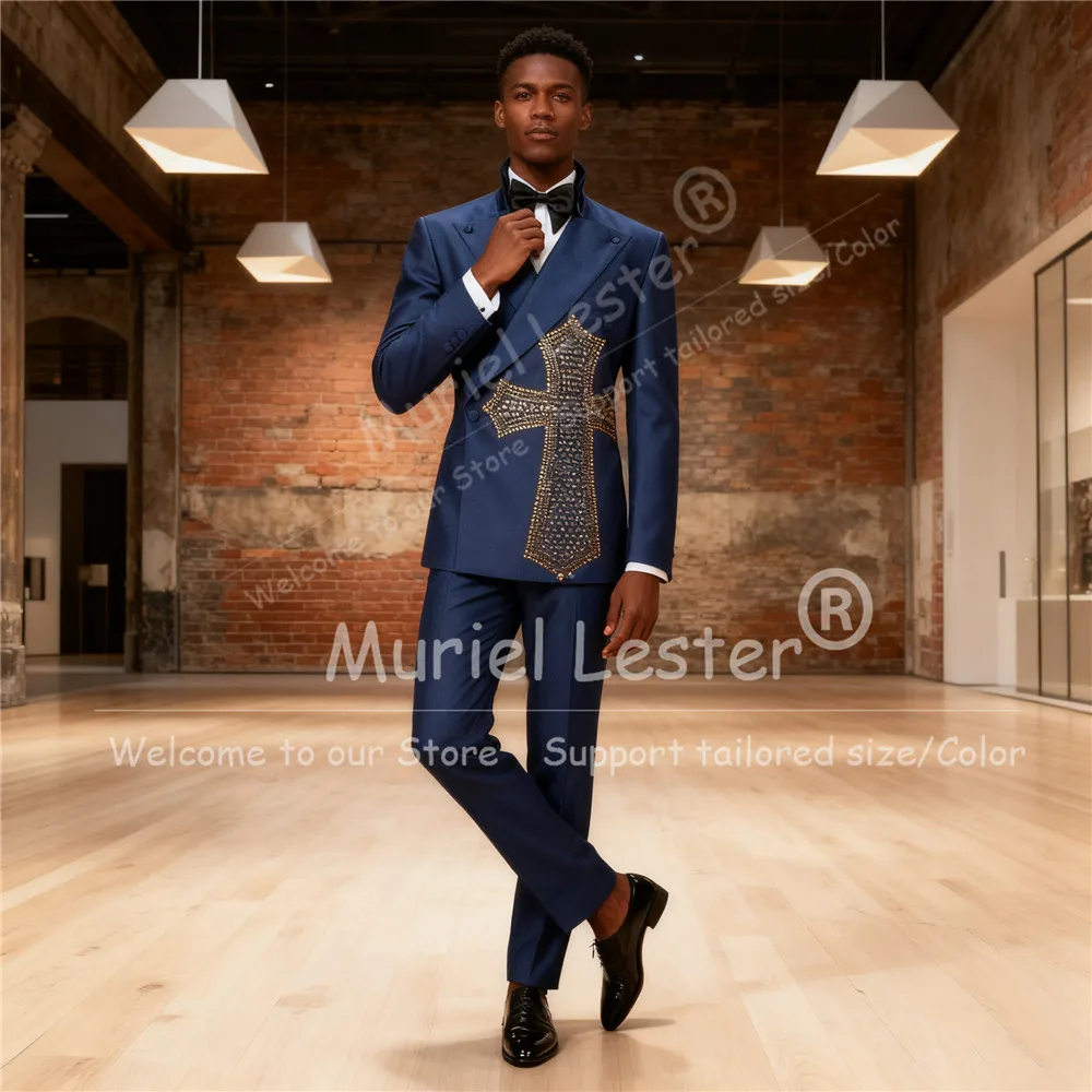 فاخر الذهب مطرز الأحجار دعوى الملابس للرجال 2 قطعة مزدوجة الصدر سترة السراويل سليم صالح العريس الزفاف البدلات الرسمية حسب الطلب