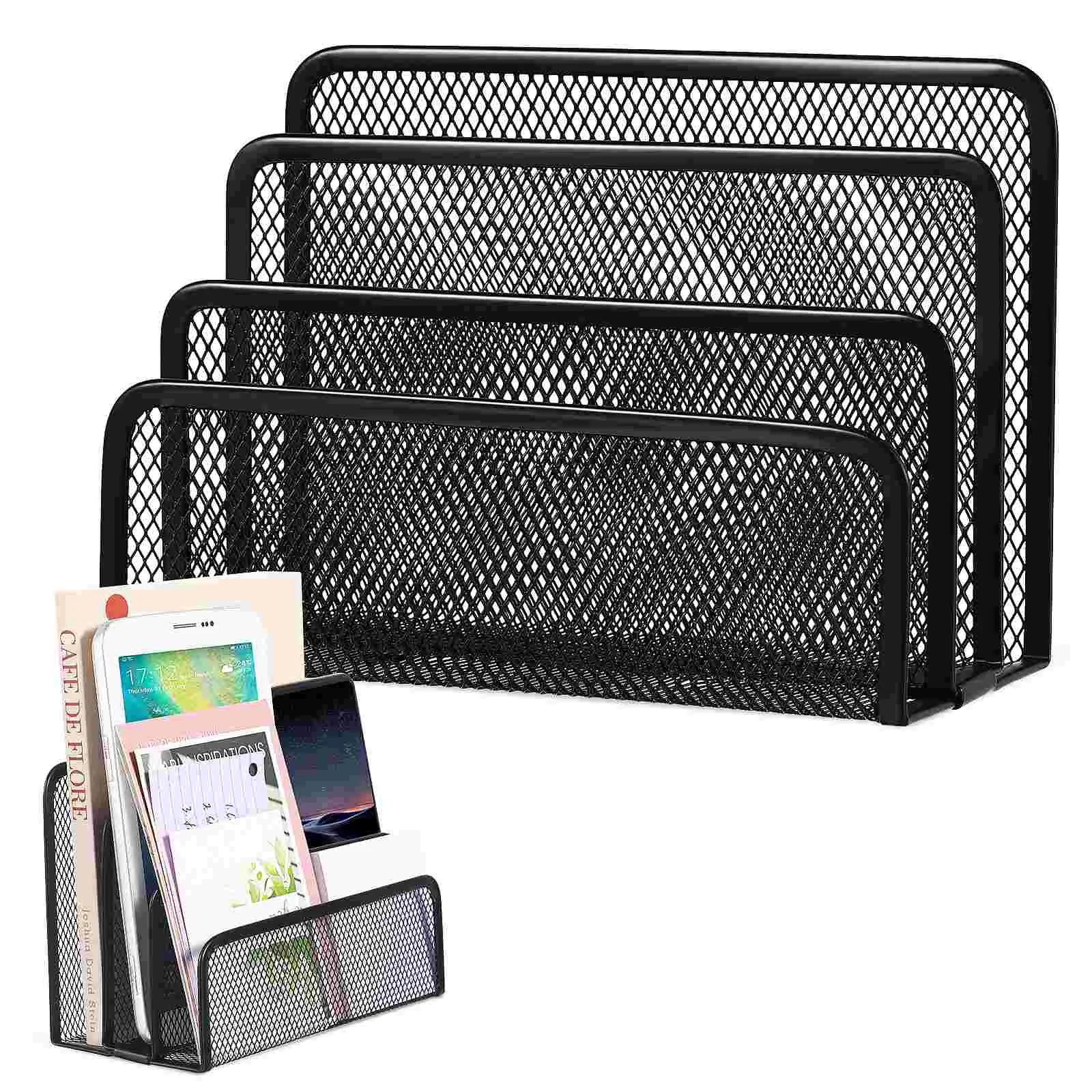 Mesh Letter Format Desktop Bookshelf 174x88x131mm Black Metal File ganizer Brochure Holder Three Section Easy Access