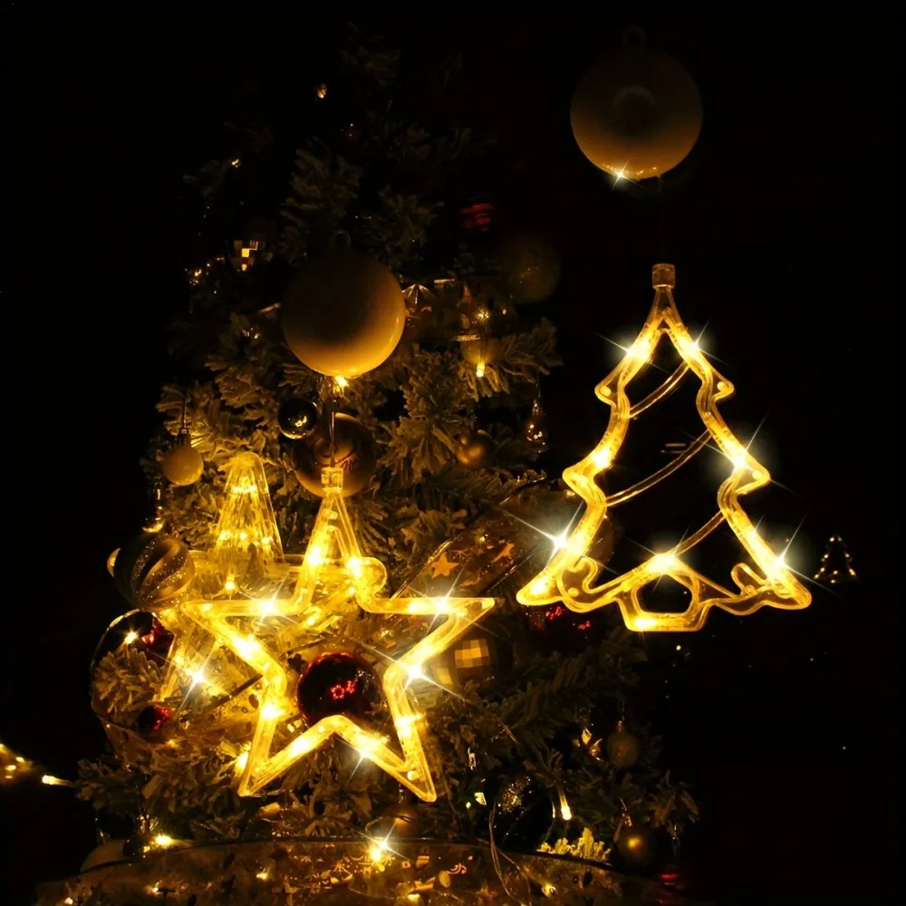 Natal led janela pendurado decorações, estrela santa floco de neve sino veado árvore em forma de luzes de fadas, ornamentos festivos
