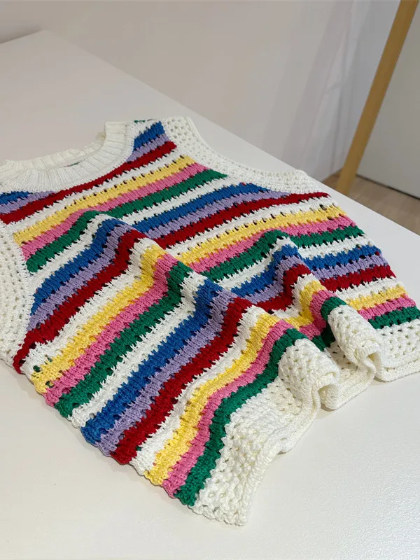 

Extra Large Dopane Rainbow Stripes Knitted Vest Loose round Ne Svel Top Anti-Aging Versatile Korean Sle Women's ...