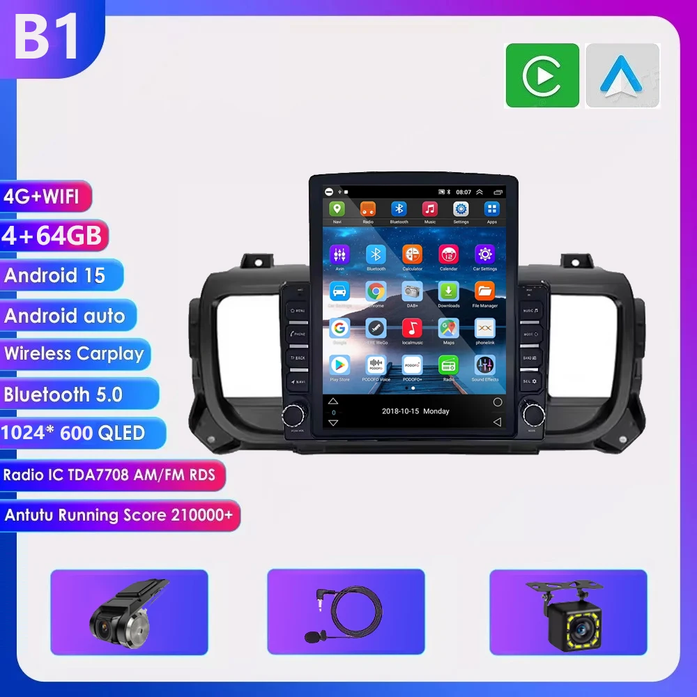 9.7 inch Android 16 Carplay voor Citroen Jumpy 3 SpaceTourer, Peugeot Expert 3 en Toyota Proace 2016-2021 multimediaspeler voor auto's