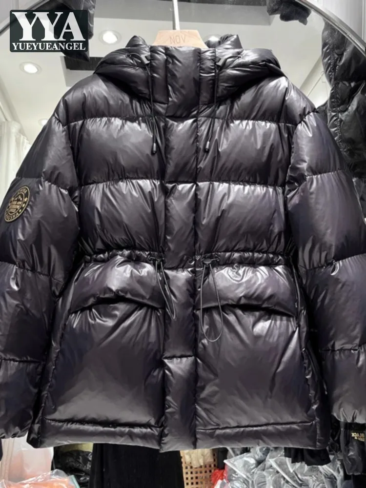 New Fashion Winter Women Adjustable Waist White Duck Down Jacket Hooded Loose Fit Outwear Coat Black Thick Warm Outside Overcoat