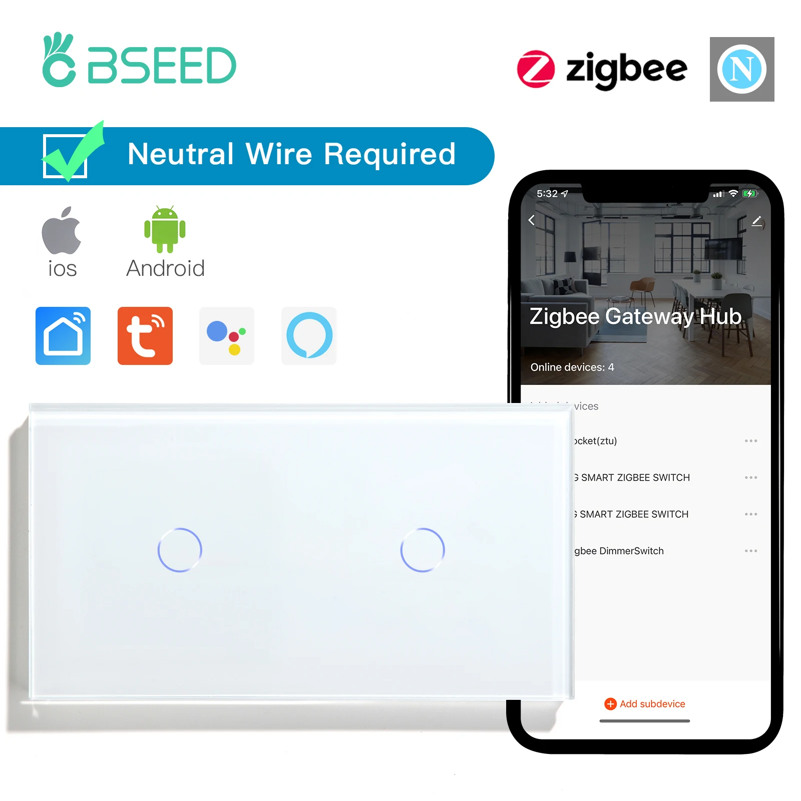 BSEED ZigbeeTouch Schalter Serie Wand Smart Licht Schalter Blaue LED Hintergrundbeleuchtung Glas Sensor Bildschirm Tuya APP Schalter EU Standard 7