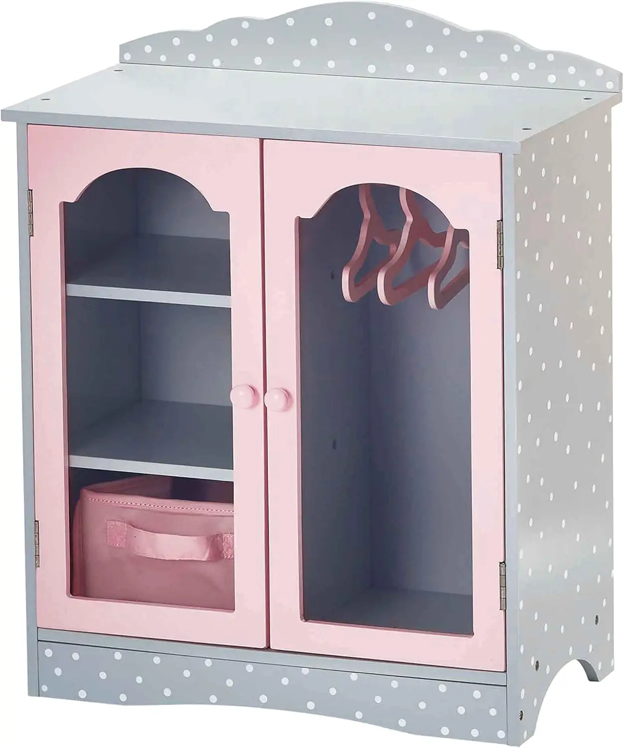 

Polka Dot Princess Wooden Doll Closet for 18" Dolls with Windowed Doors, Shelves, Hangers in Gray/Pink