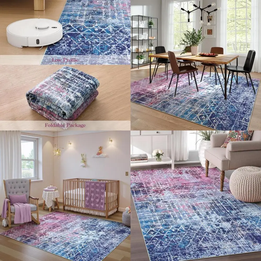 

Boho Abstract Purple Pink Rugs for Bedroom Girls Kids, Washable 5x7 Preppy Colorful Area Rug for Living Dining Room, Non Slip Mo