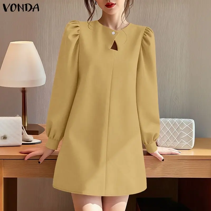 플러스 사이즈 5XL VONDA 패션 미니 드레스 여성 봄 긴 소매 파티 드레스 2026 우아한 단색 선드레스