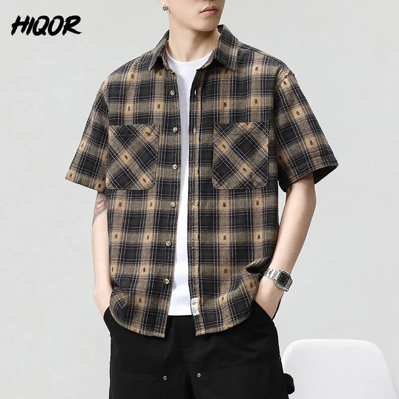 

HIQOR Men's Casual Shirts Summer Social Shirt 100% Cotton Luxury Thin Soft Buttoned Plaid Slim Chemise Homme Tops Men Clothing