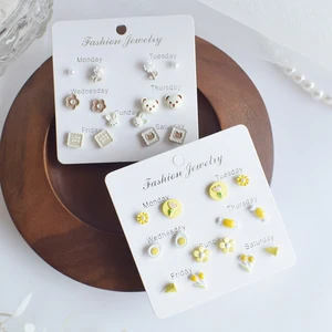 7 pairs of Small Earrings Set Week Beautiful 925 Bathed the Silver Ceramic Needle Delicate Resin Flower Jewelry Gifts for Woman 8 Main Sales Find - №8