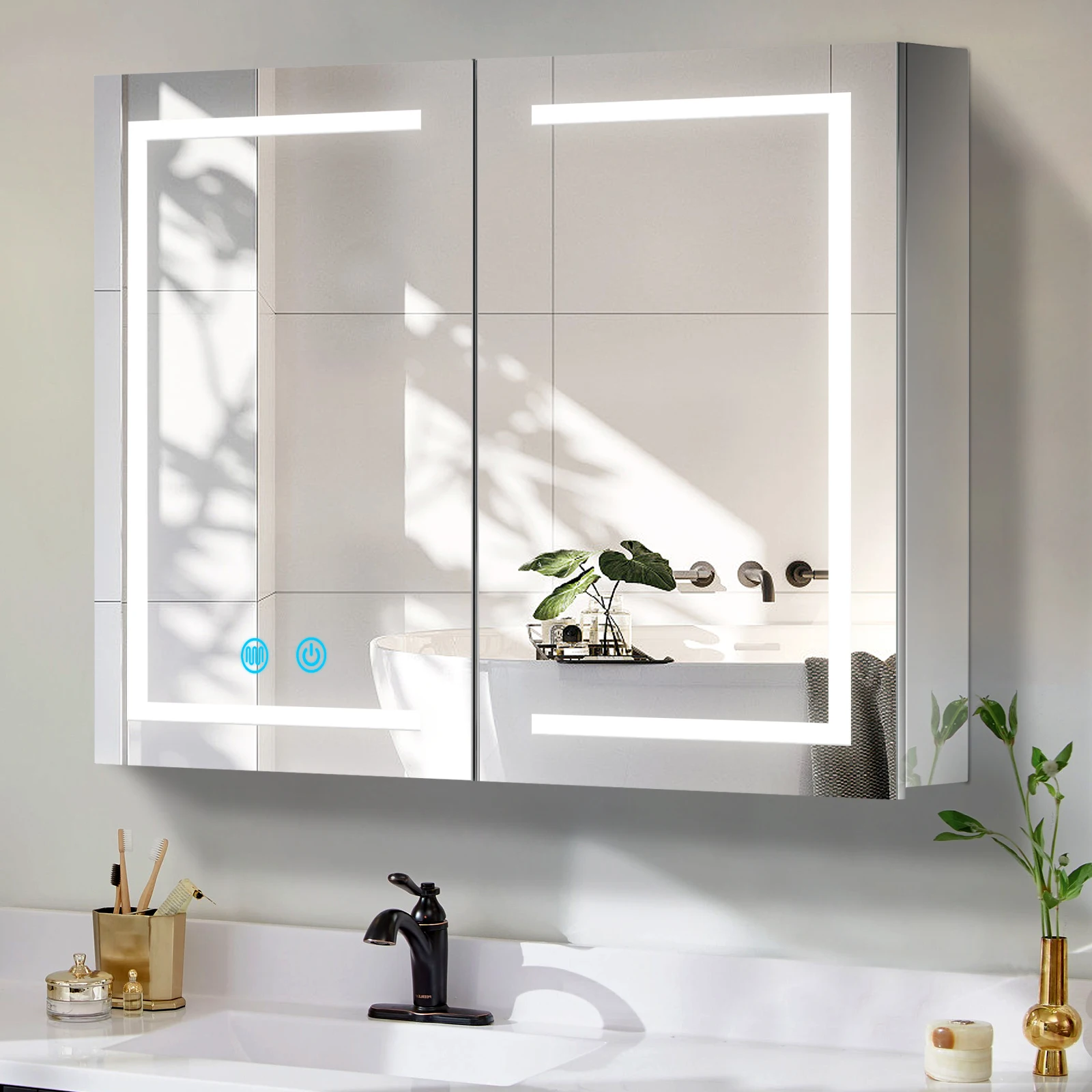 Bathroom Medicine Cabinet with LED Mirror,3 Color Adjustable Brightness,Anti-Fog,Double Door with Touch Switch,31.5 X 23.62 inch